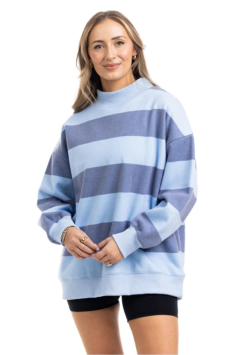Light Blue and Navy Striped Mockneck Wholesale Sweatshirt