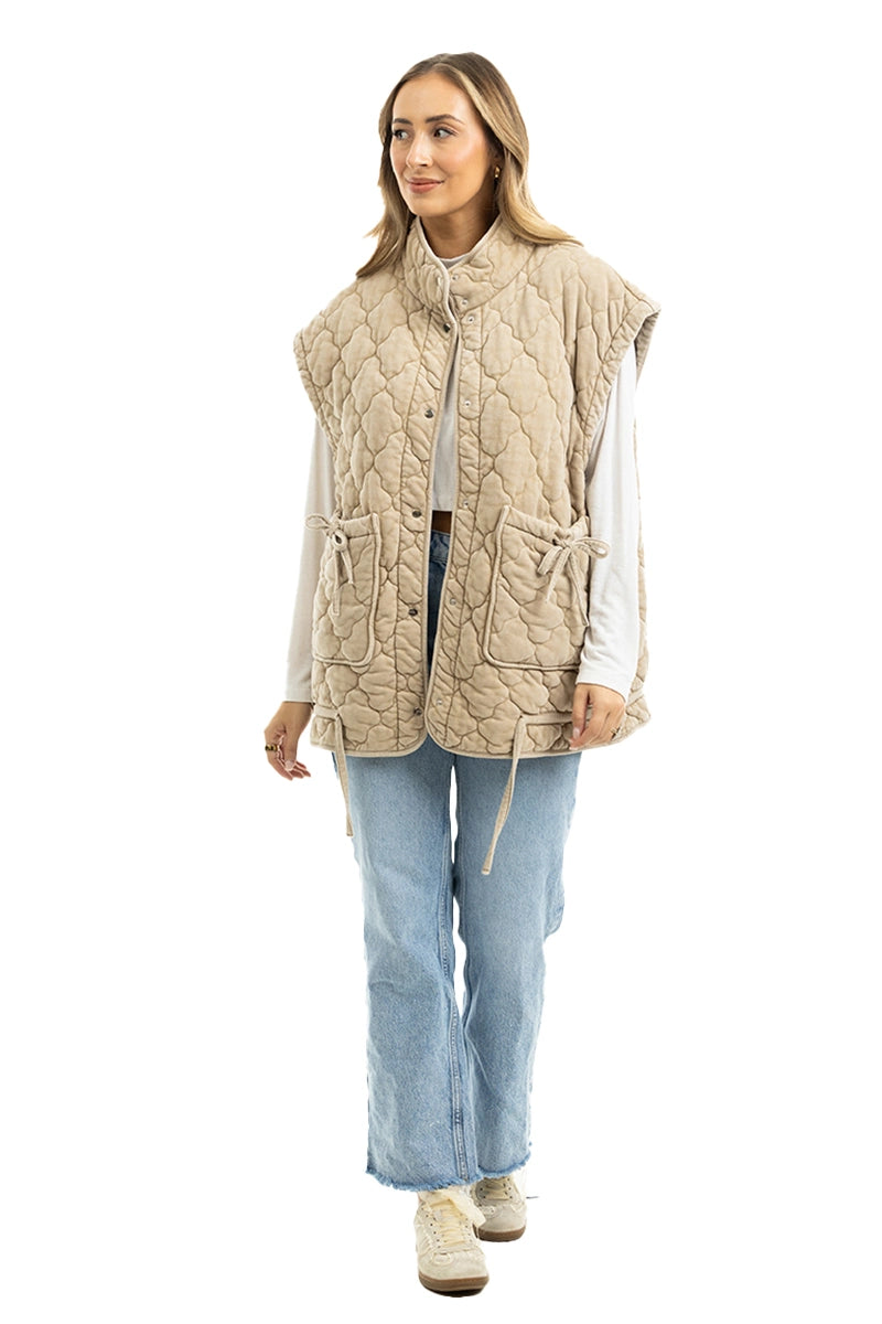 Beige Oversized Garment Washed Quilted Vests Wholesale