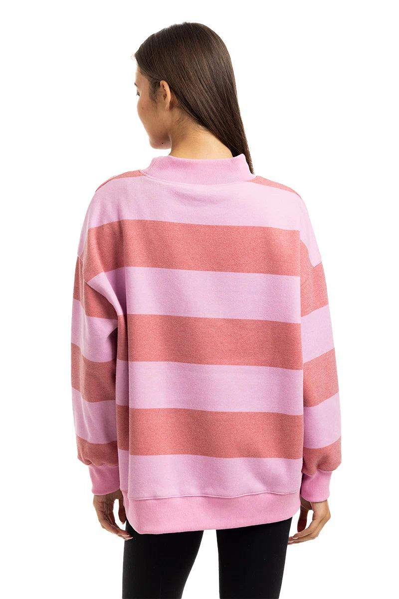 Pink and Light Pink Striped Mockneck Wholesale Sweatshirt Women