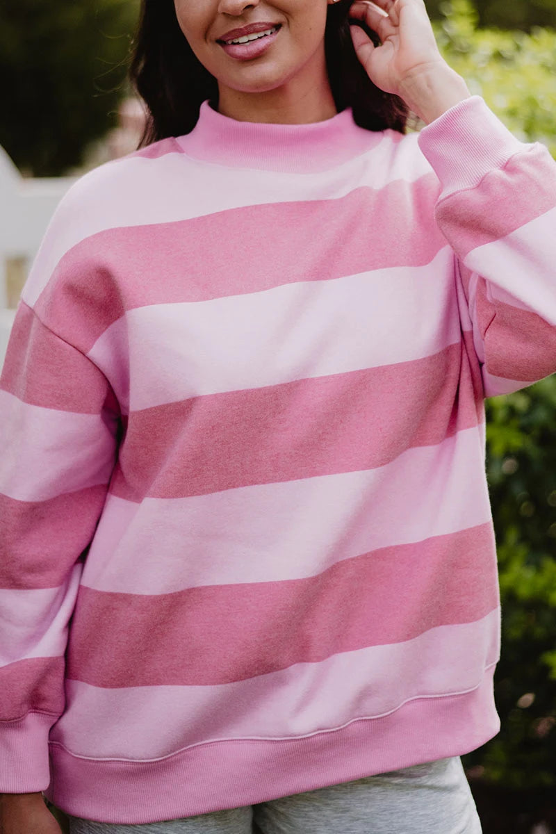 Pink and Light Pink Striped Mockneck Wholesale Sweatshirt Women