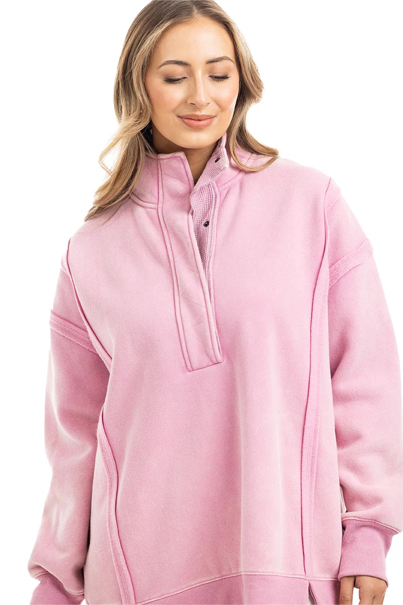Pink Vintage Wash Wholesale Snap-Neck Pullover