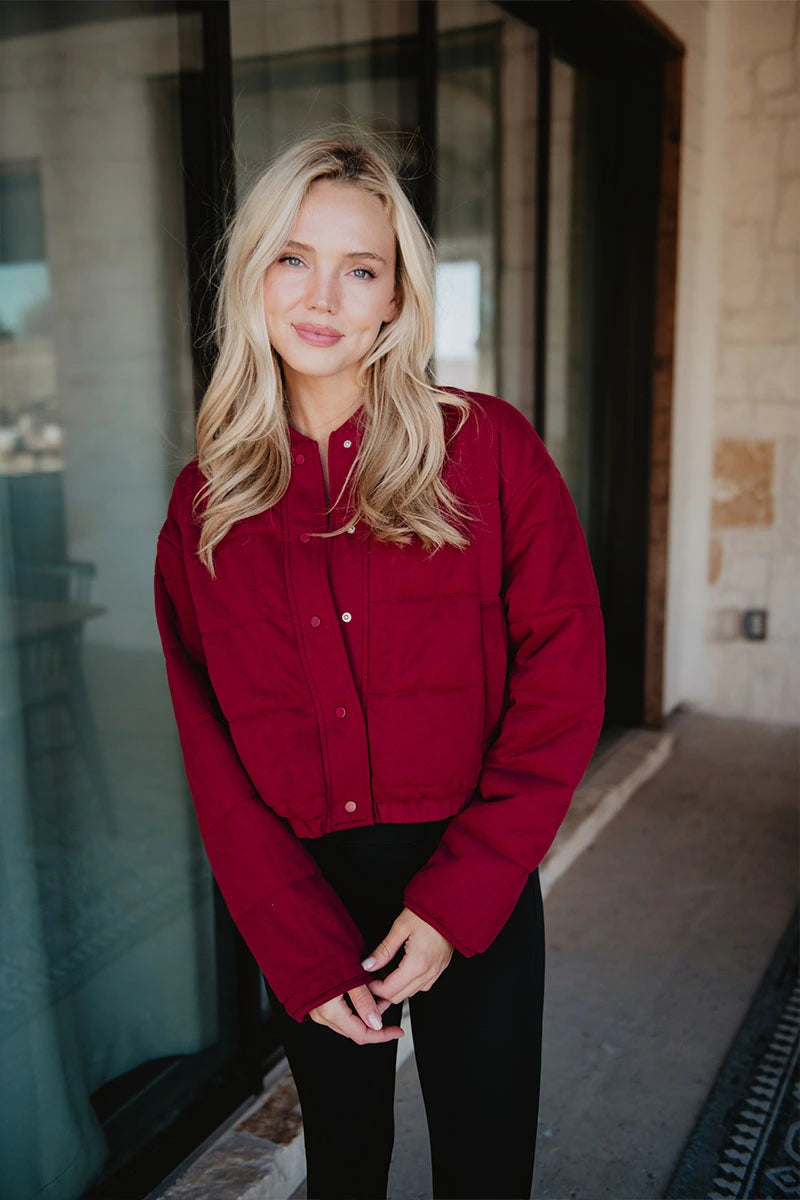 Wine Cropped Wholesale Quilted Bomber Jacket