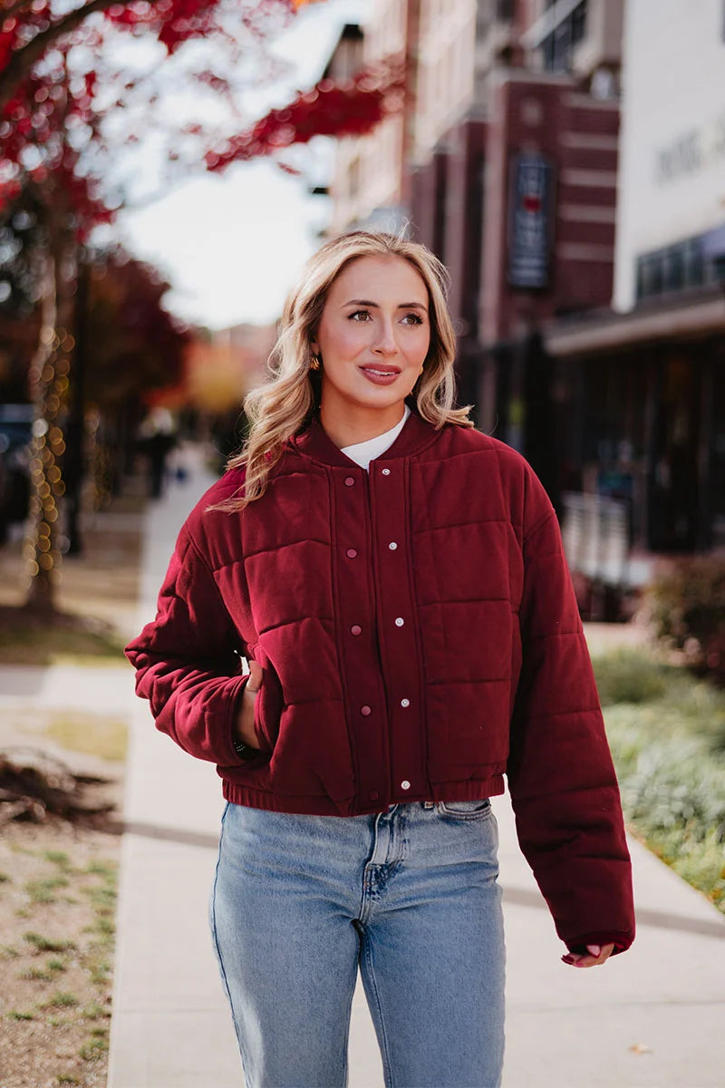 Wine Cropped Wholesale Quilted Bomber Jacket