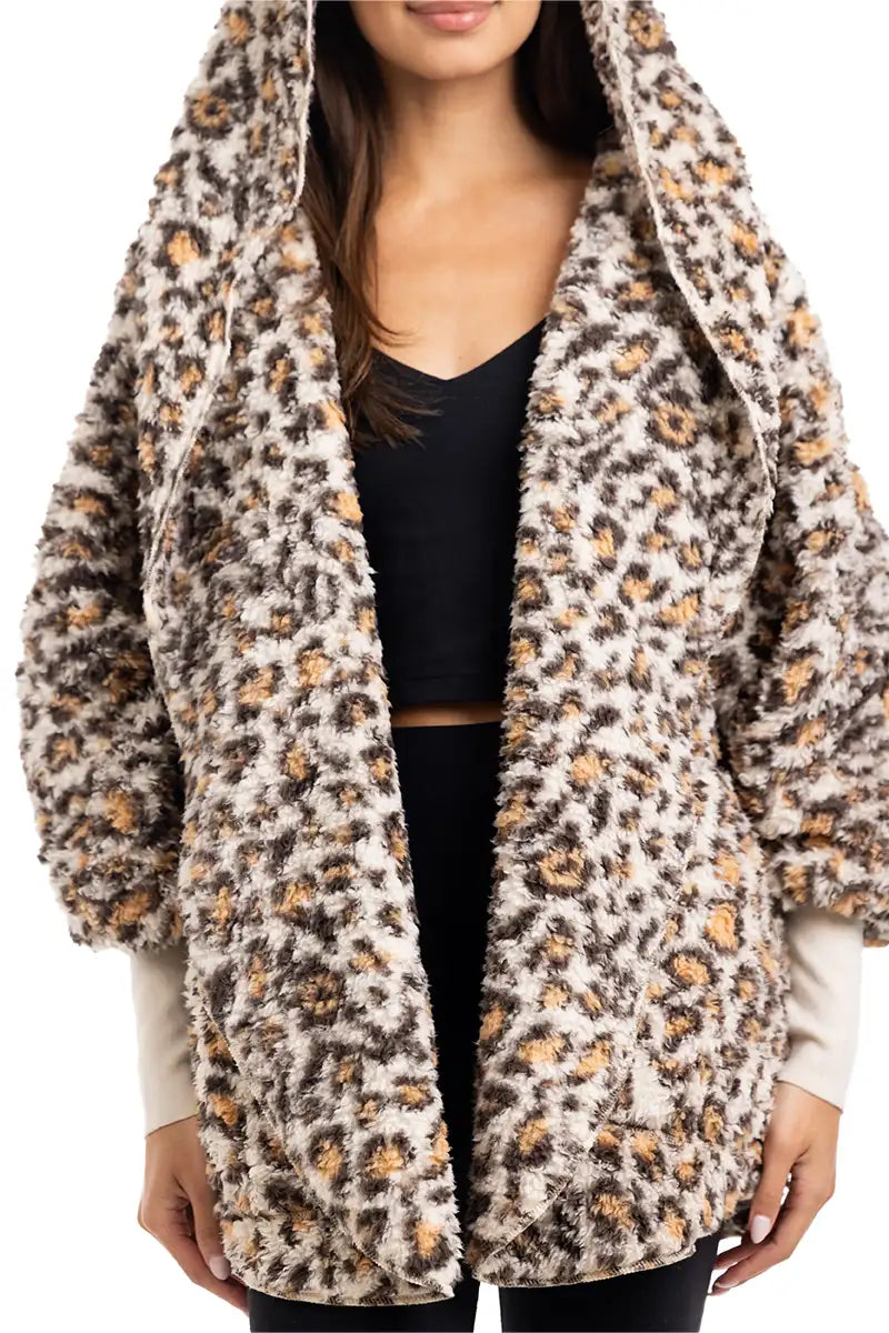 Tan Leopard Hooded Body Wrap with Pockets