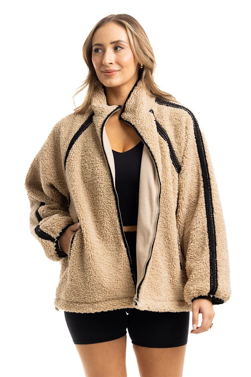 Tan Sherpa Lace Trim Women's Jacket