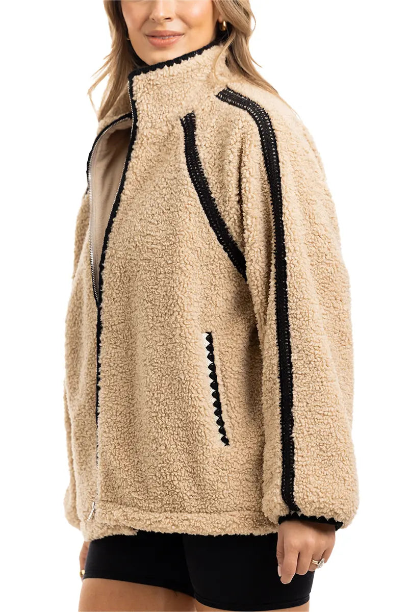 Tan Sherpa Lace Trim Women's Jacket