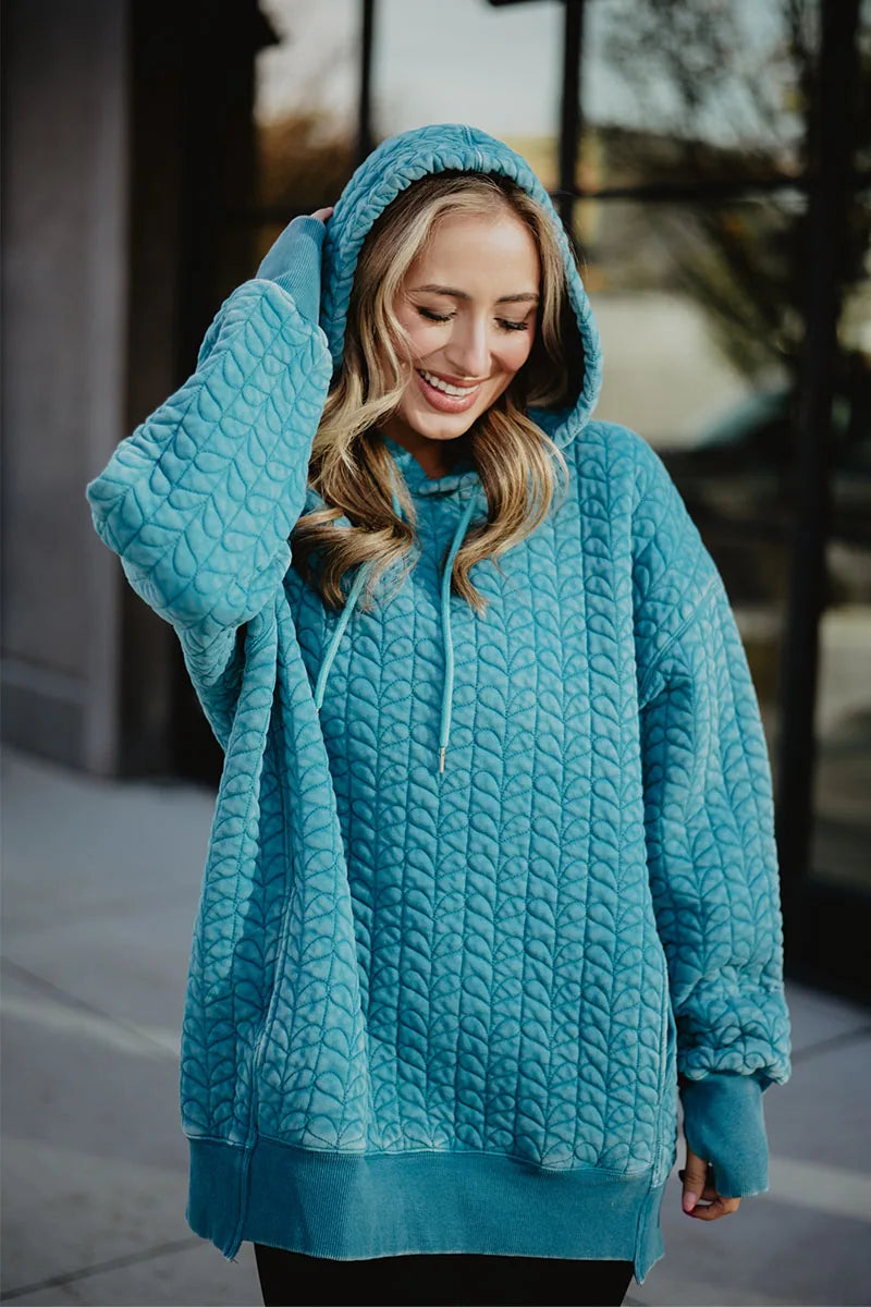 Deep Teal Wholesale Heart Quilted Pullover Hoodie