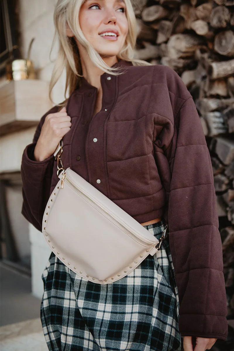 Tan Gold-Studded Structured Bag Crossbody