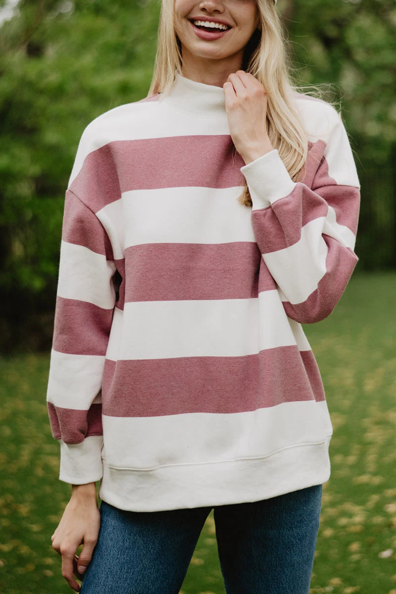 Wine and White Striped Wholesale Mockneck Sweatshirt