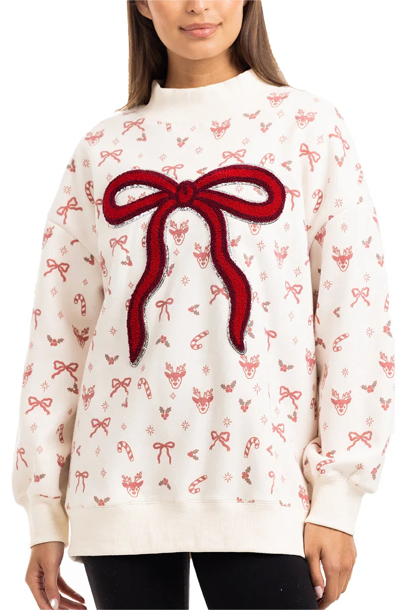 Bow Patch Reindeer Wholesale Mockneck Women