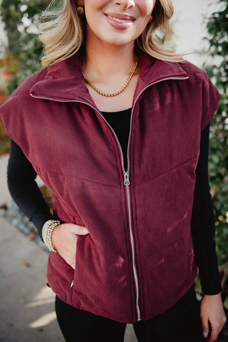 Wine Corduroy Puffer Women's Vest Wholesale