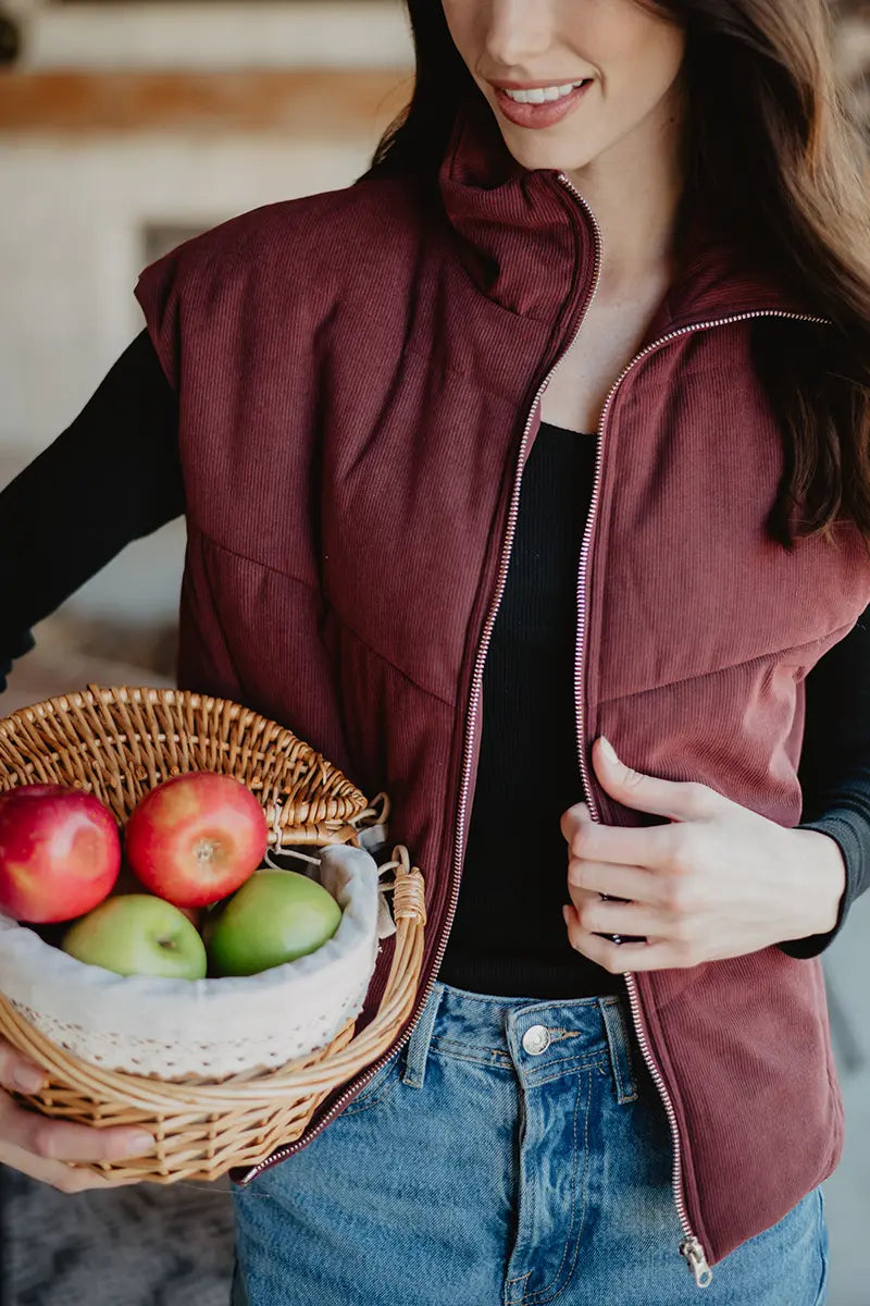 Wine Corduroy Puffer Women's Vest Wholesale