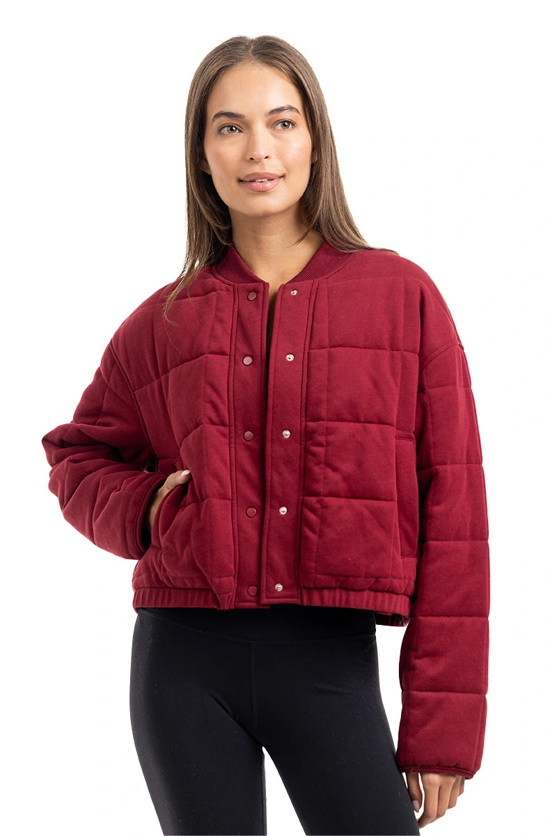 Wine Cropped Wholesale Quilted Bomber Jacket