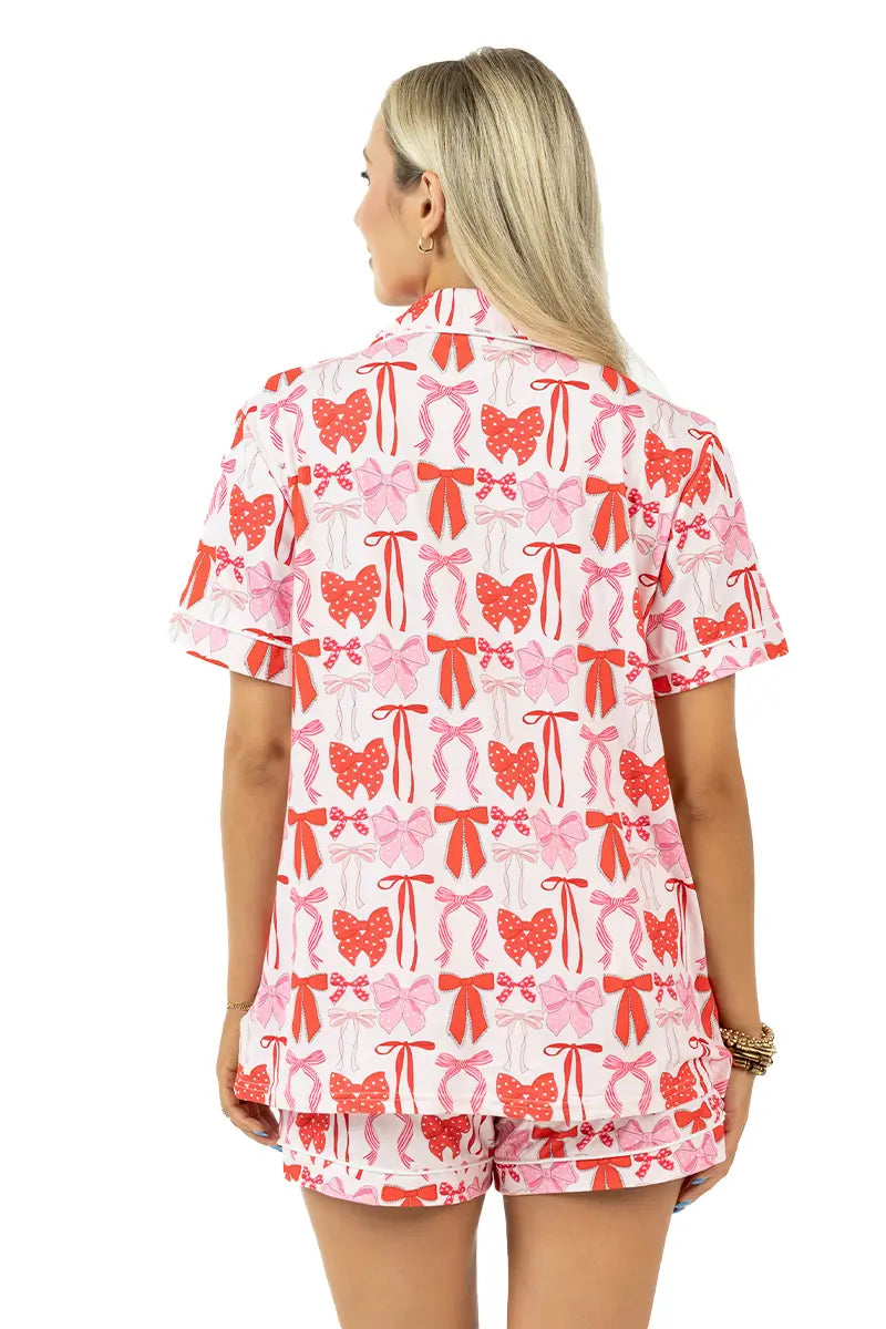 Pink & Red Coquette Bows Wholesale Pajama Shorts Set