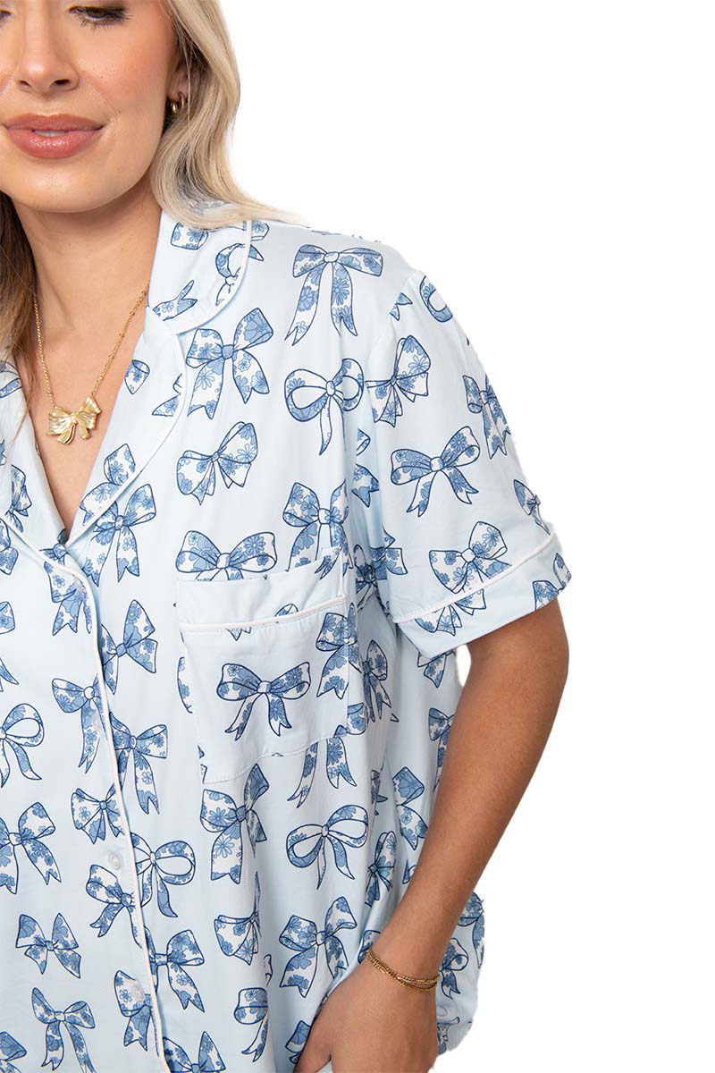 Light Blue Toile Coquette Bows Wholesale Cotton PJ Set
