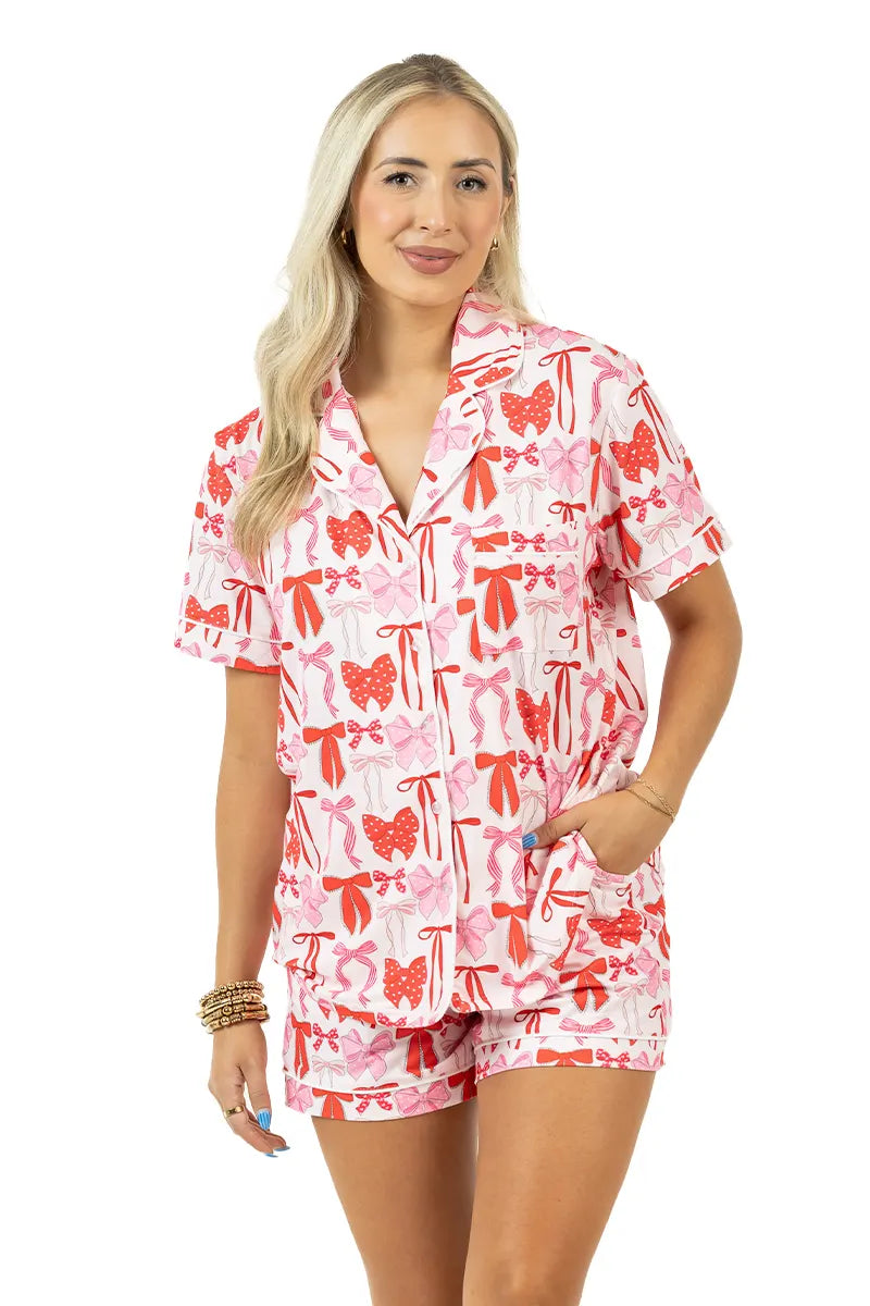 Pink & Red Coquette Bows Wholesale Pajama Shorts Set