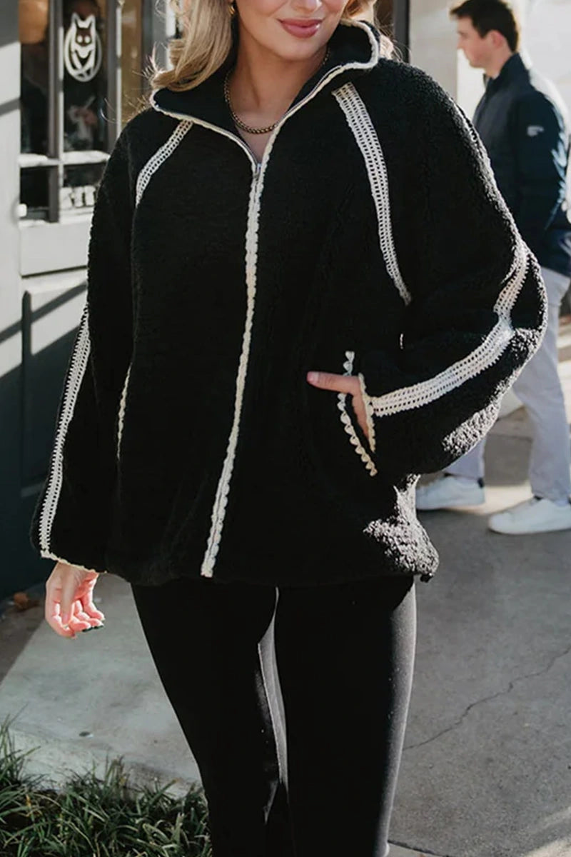 Black Sherpa Wholesale Lace Trim Jacket