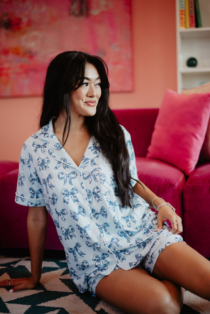 Light Blue Toile Coquette Bows Wholesale Cotton PJ Set