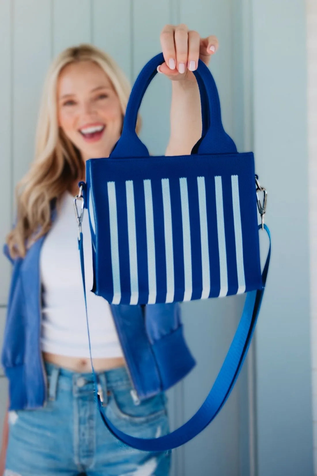 Blue Striped Wholesale Structured Mini Tote Purse