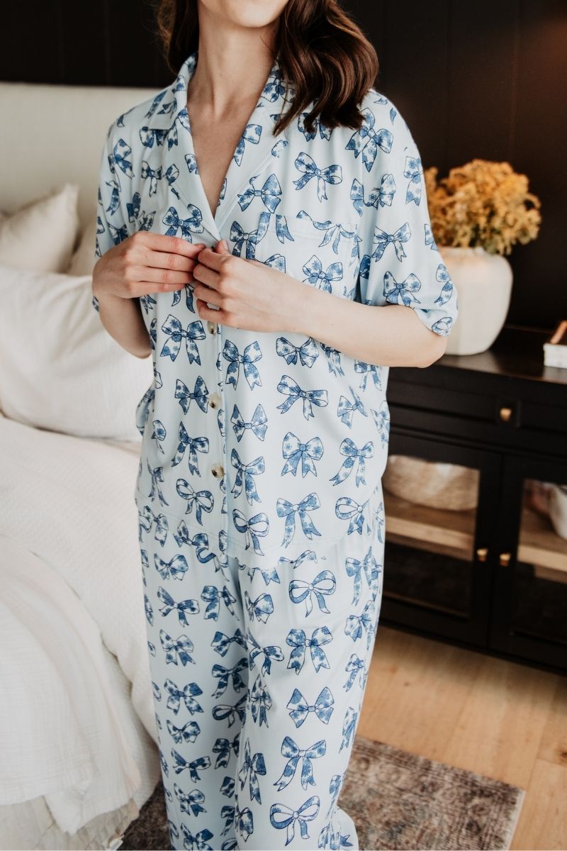 Light Blue Toile Bows Wholesale Matching PJ Pants Set