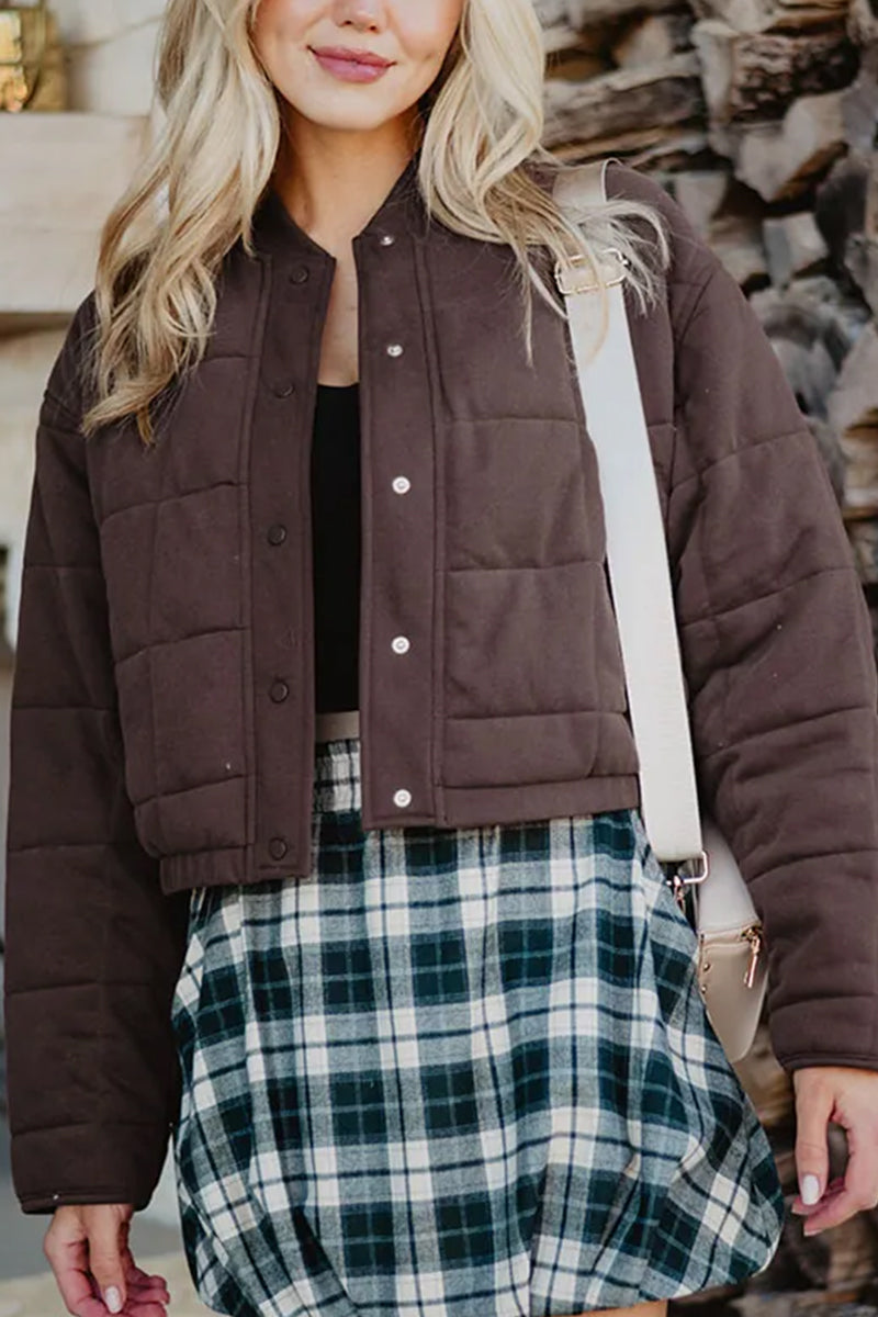 Chocolate Brown Cropped Quilted Bomber Jacket