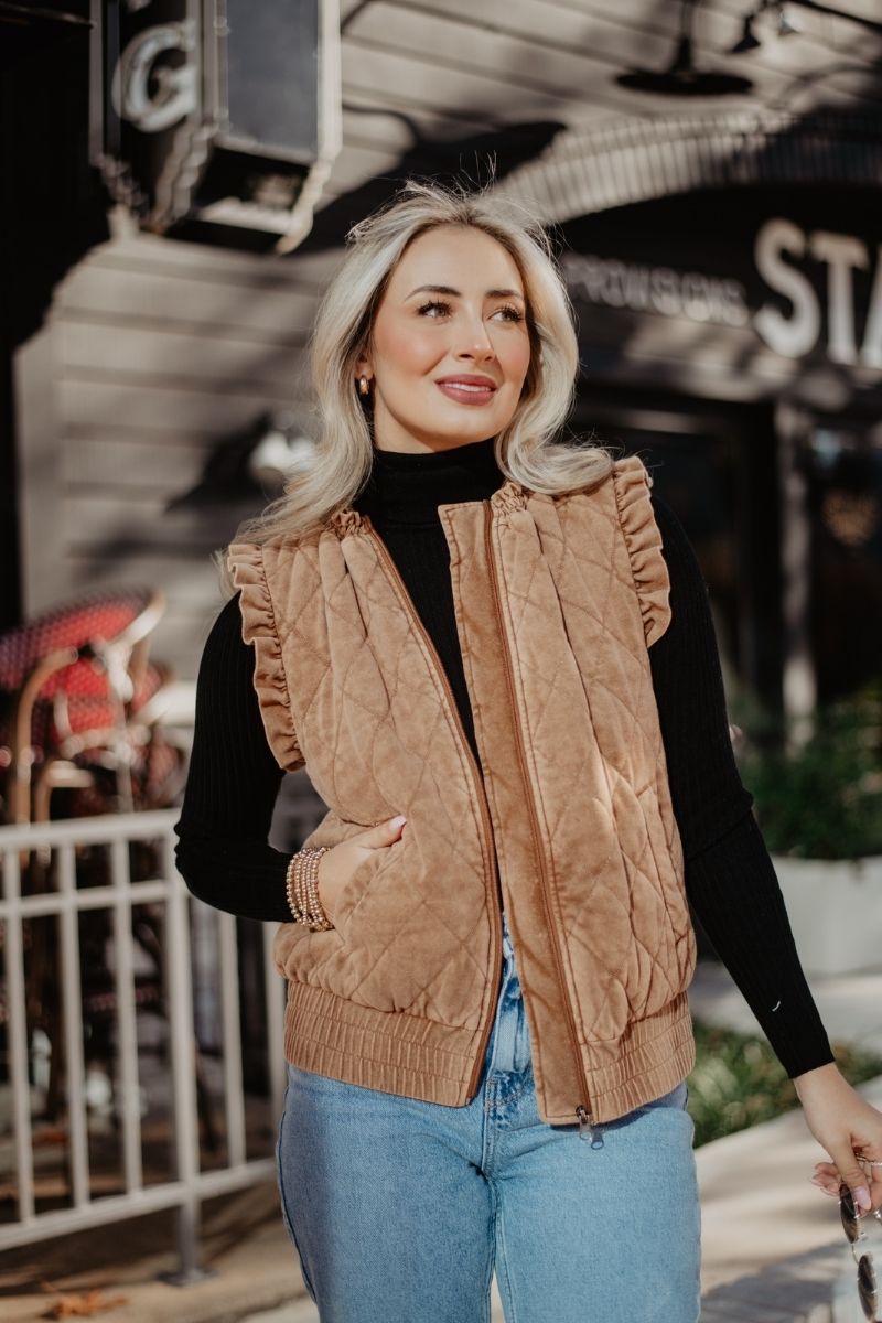 Brown Garment Washed Quilted Ruffle Sleeve Vests