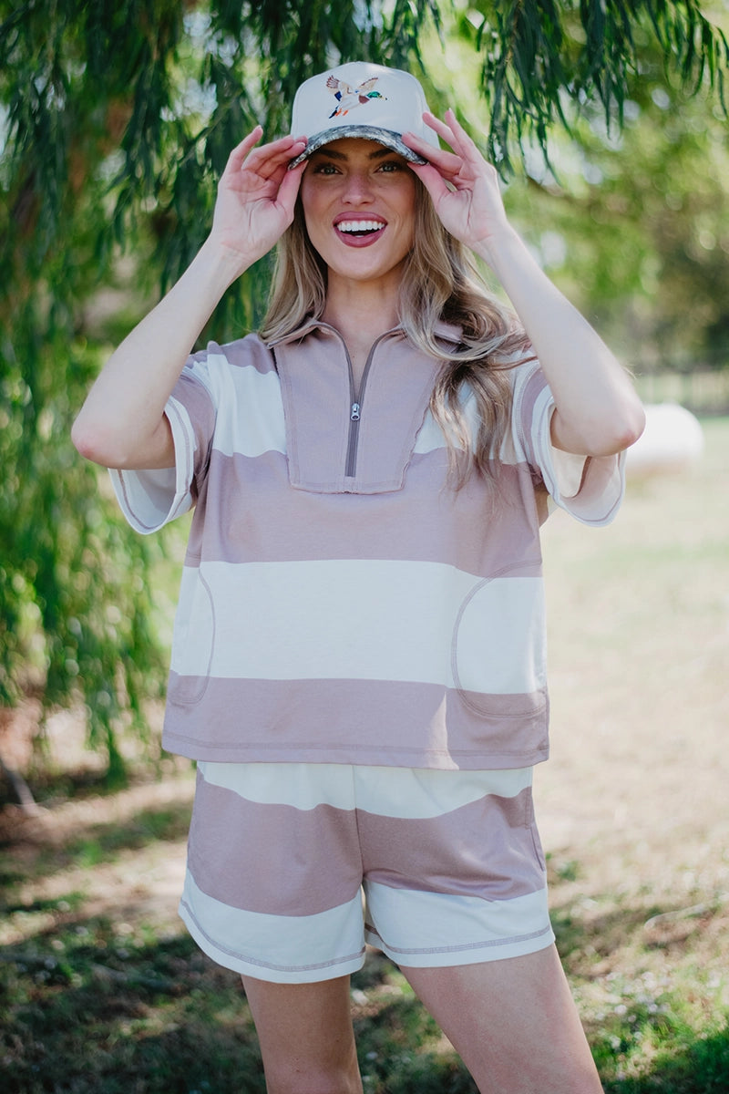 Brown Rugby Striped Shorts Wholesale Set