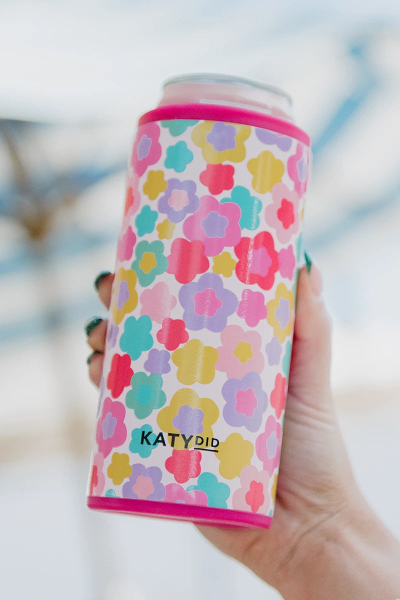 Groovy Multicolored Flowers Slim Can Cooler