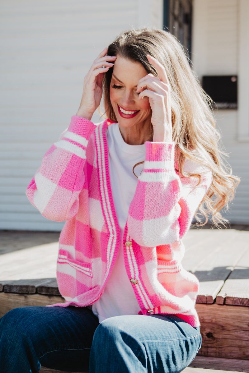 Plaid Gold Button Knitted Wholesale Cardigan