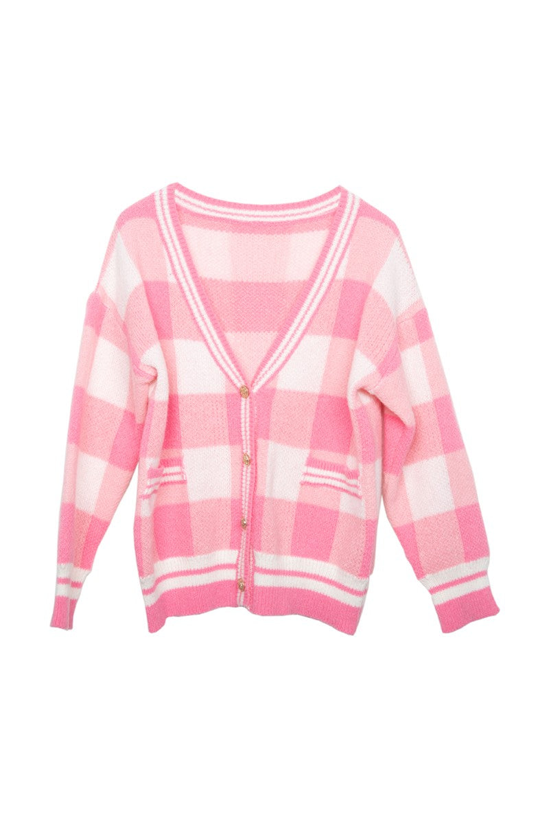 Plaid Gold Button Knitted Wholesale Cardigan