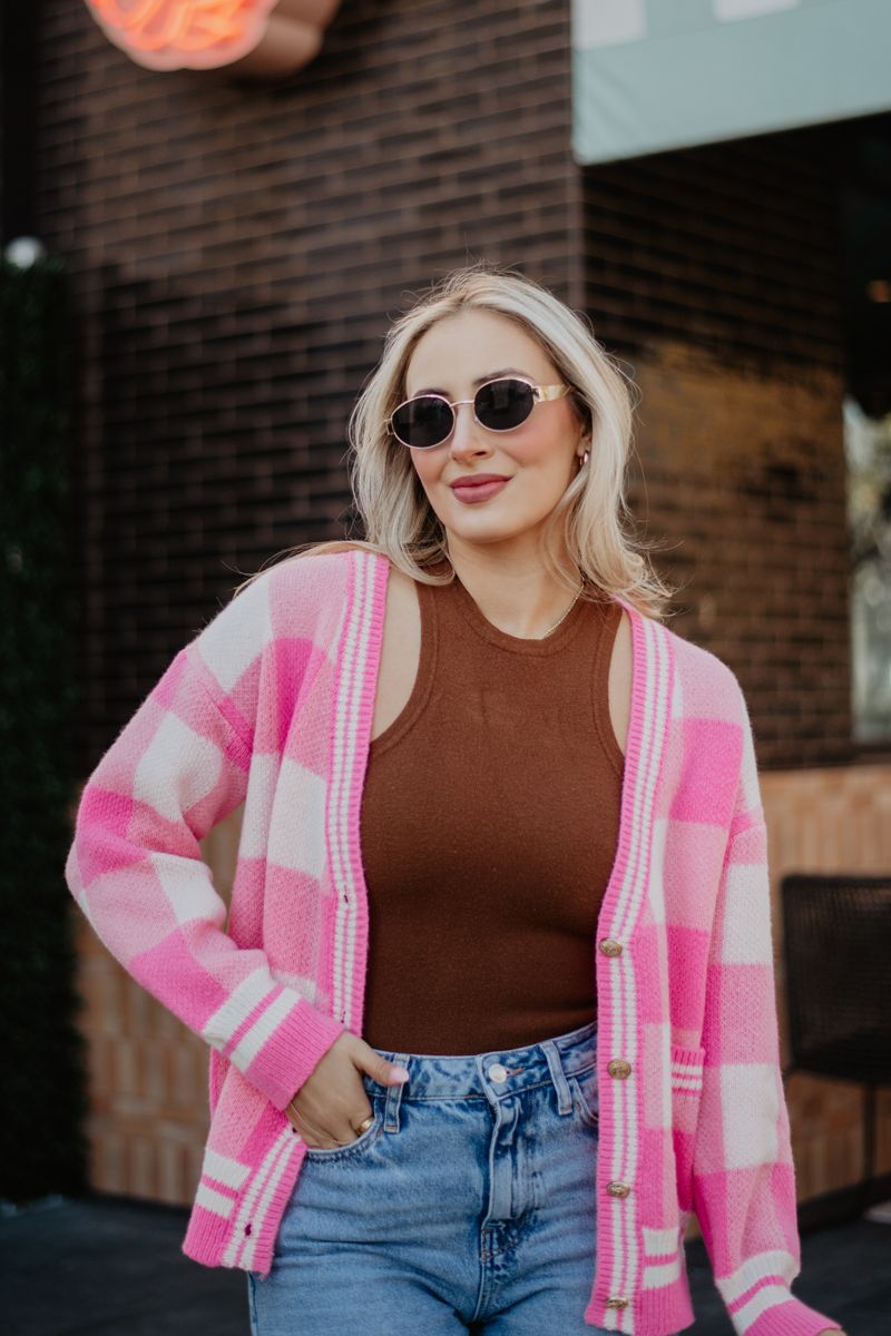 Plaid Gold Button Knitted Wholesale Cardigan