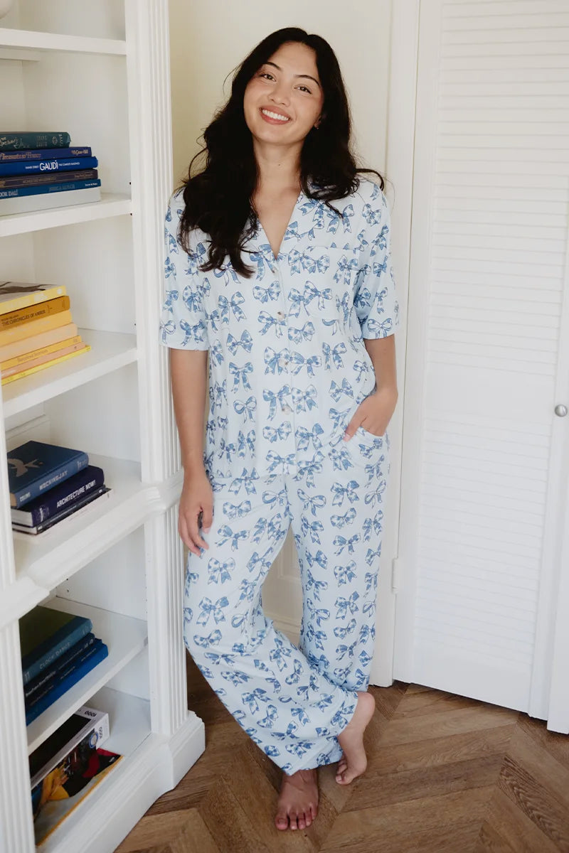 Light Blue Toile Bows Wholesale Matching PJ Pants Set