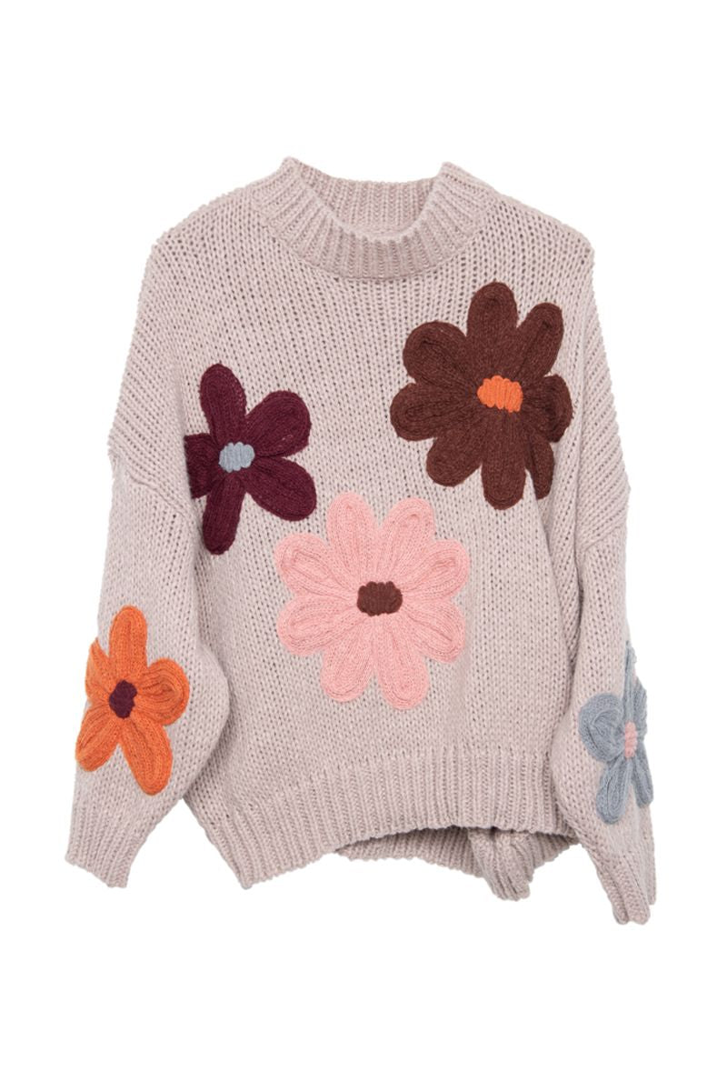 Tan Floral Wholesale Warm Fall Stitched Sweater
