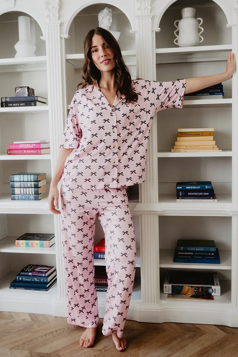 Black & Pink Mini Coquette Bows Wholesale PJ Sets Women