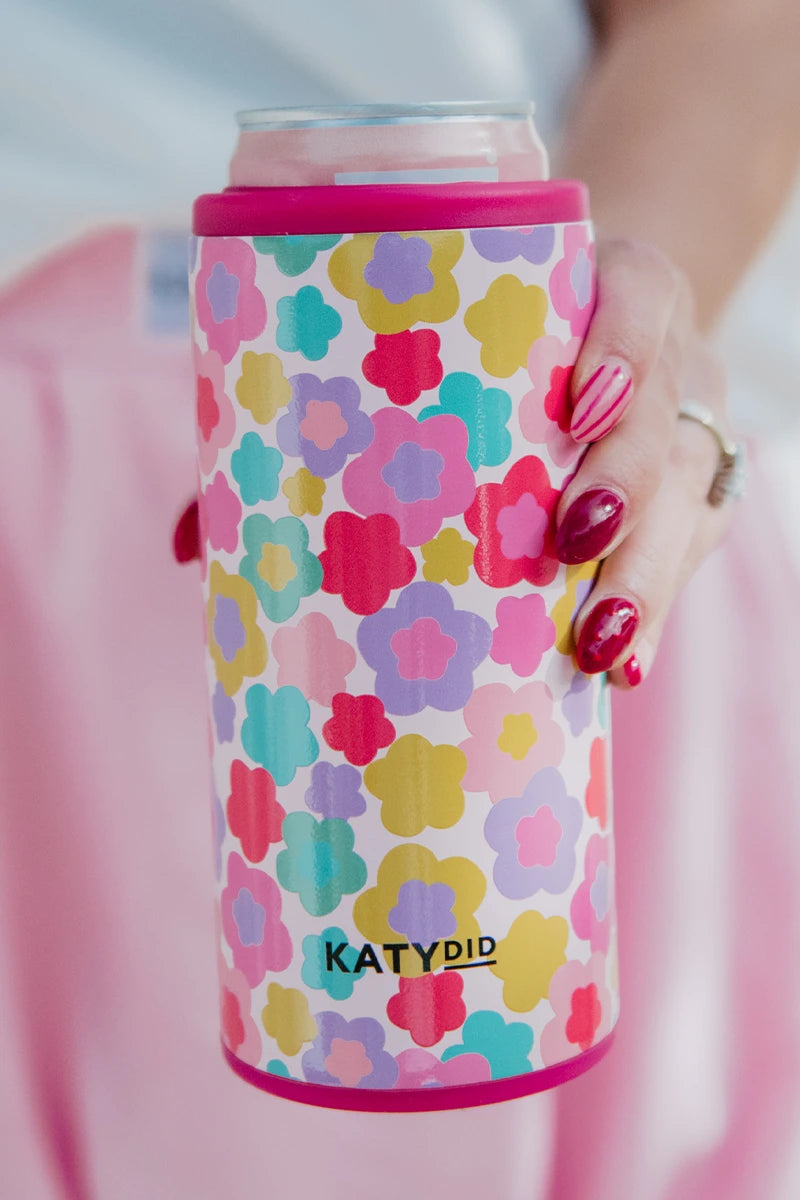 Groovy Multicolored Flowers Slim Can Cooler