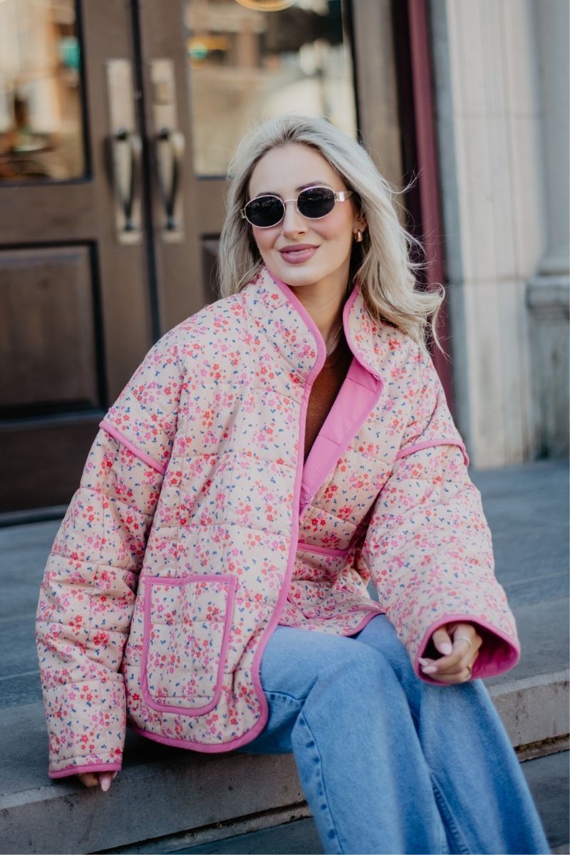 Pink Dainty Floral Women's Wholesale Quilted Jacket