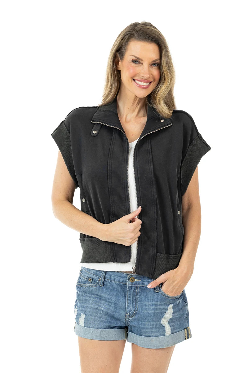 Black Garment Washed Wholesale Cropped Denim Vests