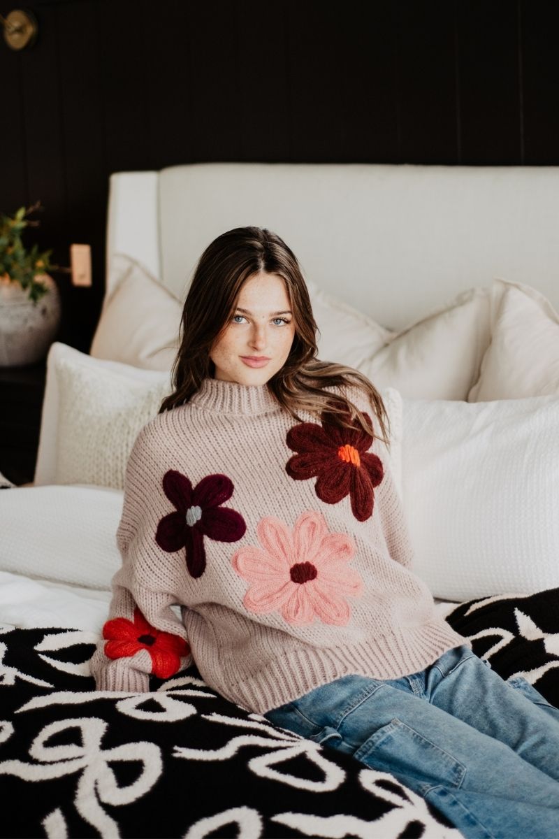 Tan Floral Wholesale Warm Fall Stitched Sweater