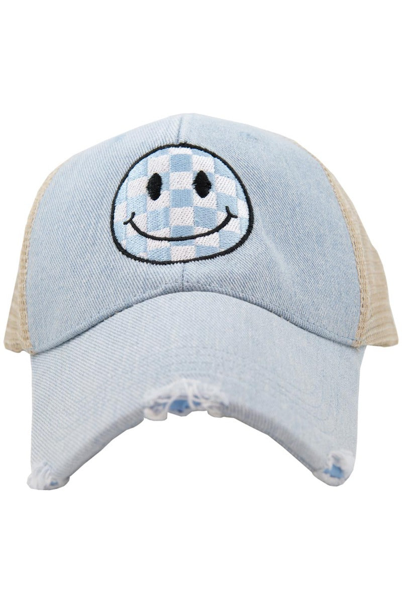Light Blue Checkered Wholesale Happy Face Hat for Women