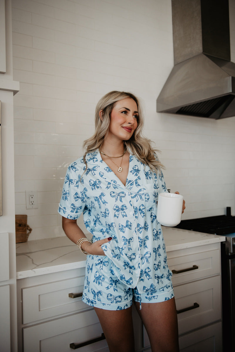 Light Blue Toile Coquette Bows Wholesale Cotton PJ Set