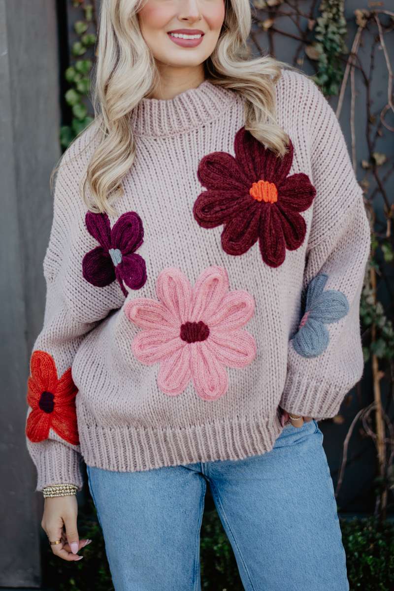 Tan Floral Wholesale Warm Fall Stitched Sweater