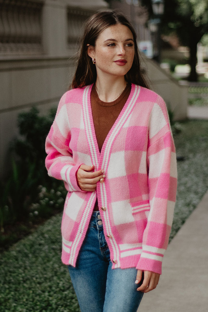 Plaid Gold Button Knitted Wholesale Cardigan