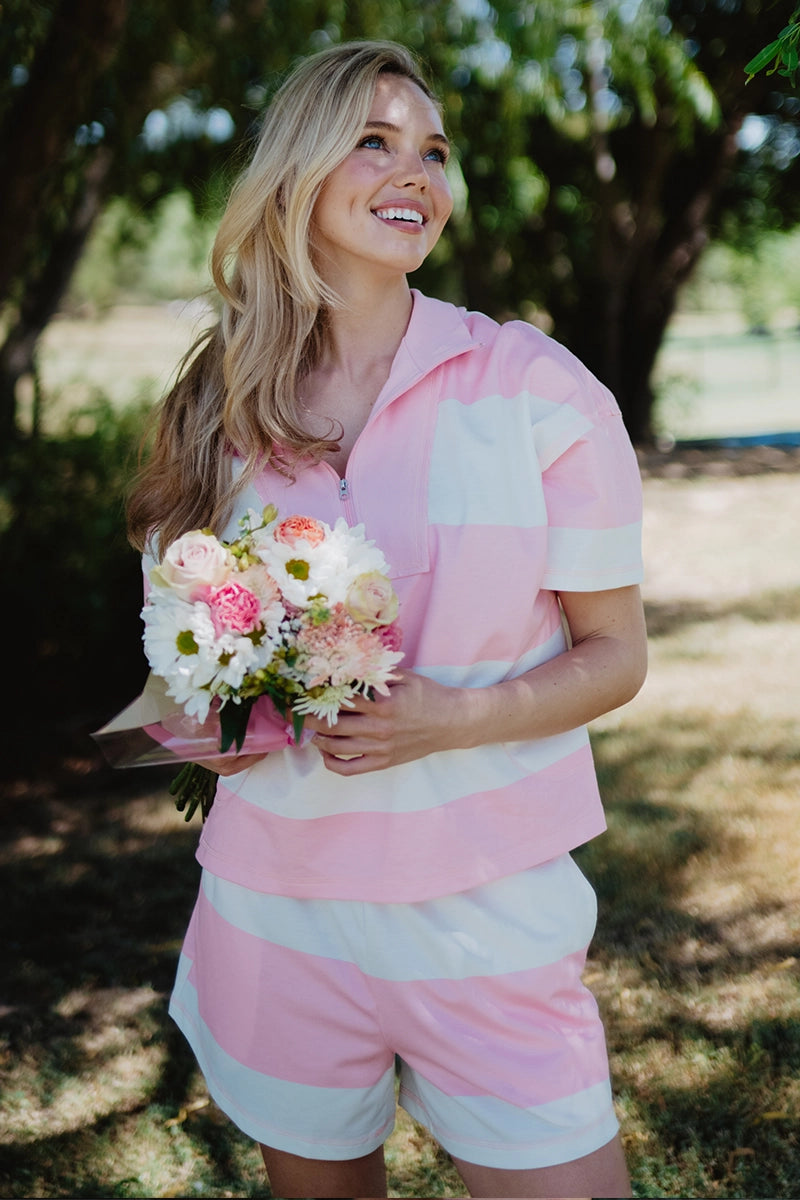 Light Pink Rugby Striped Wholesale Shorts Set