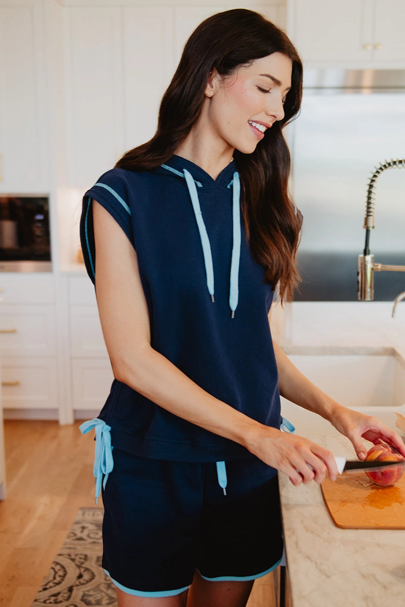 Navy Contrast Trim Hooded Sleeveless Set