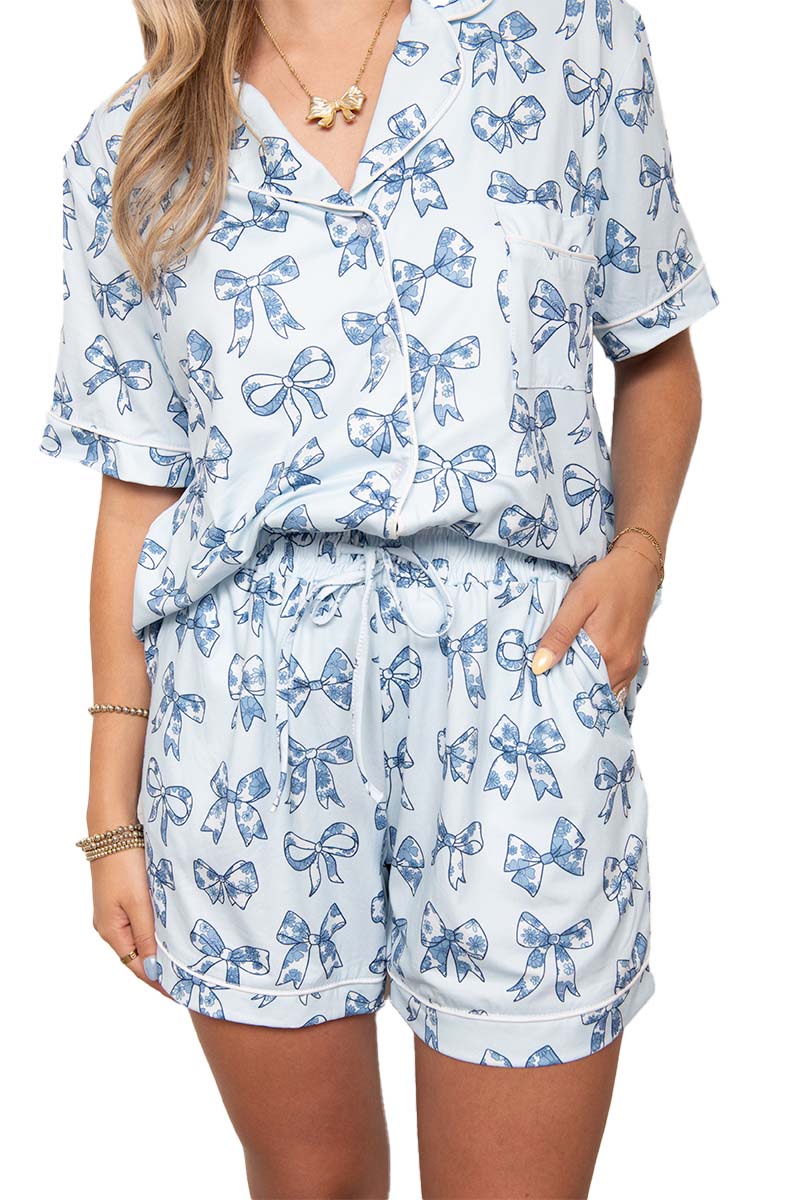 Light Blue Toile Coquette Bows Wholesale Cotton PJ Set