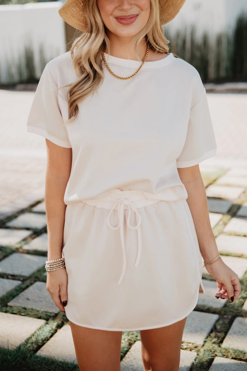 Beige and White Wholesale Contrast Cute Matching Skirt Set