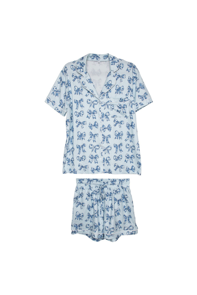 Light Blue Toile Coquette Bows Wholesale Cotton PJ Set