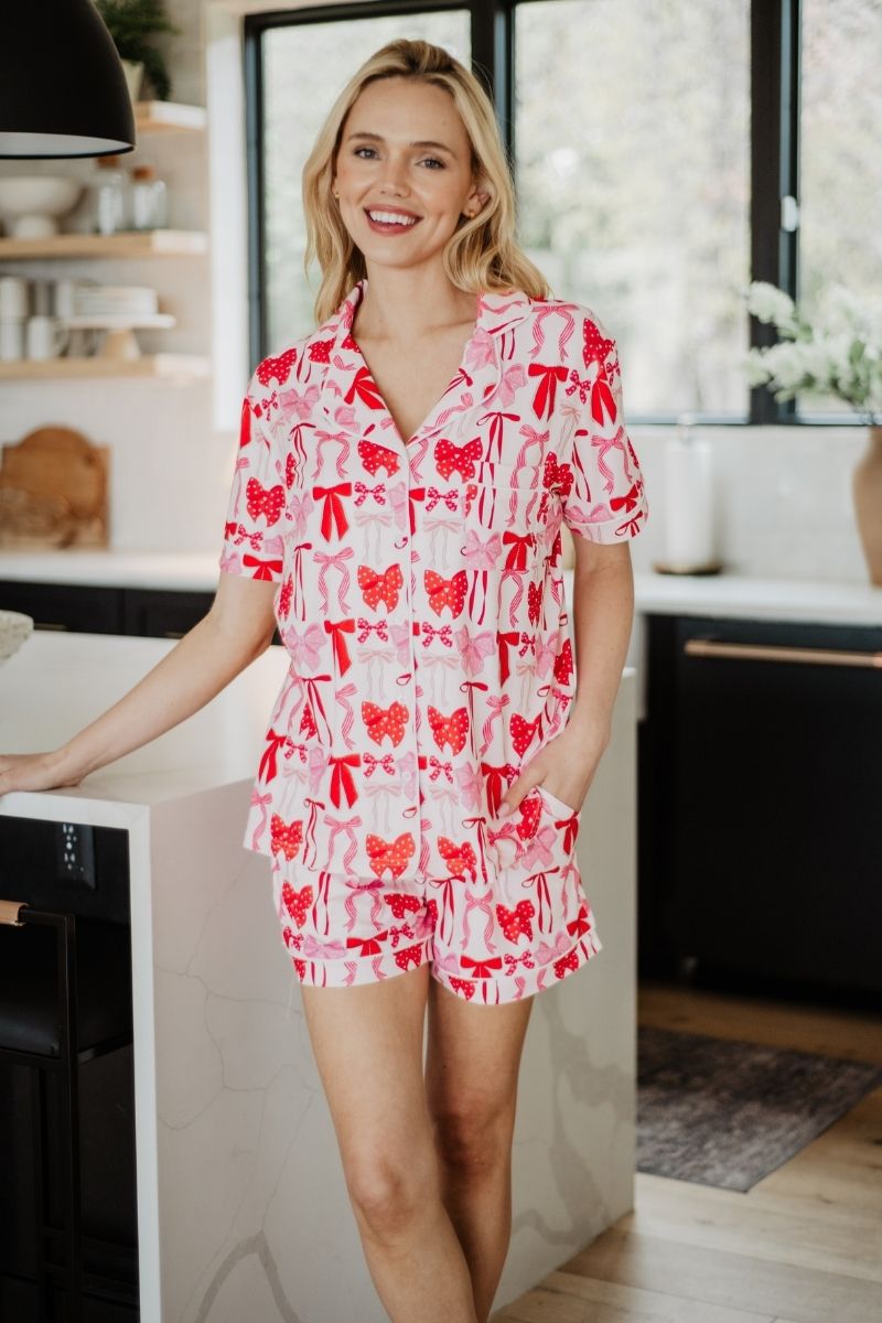 Pink & Red Coquette Bows Wholesale Pajama Shorts Set