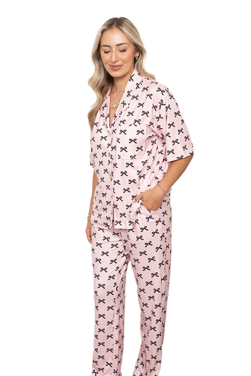 Black & Pink Mini Coquette Bows Wholesale PJ Sets Women