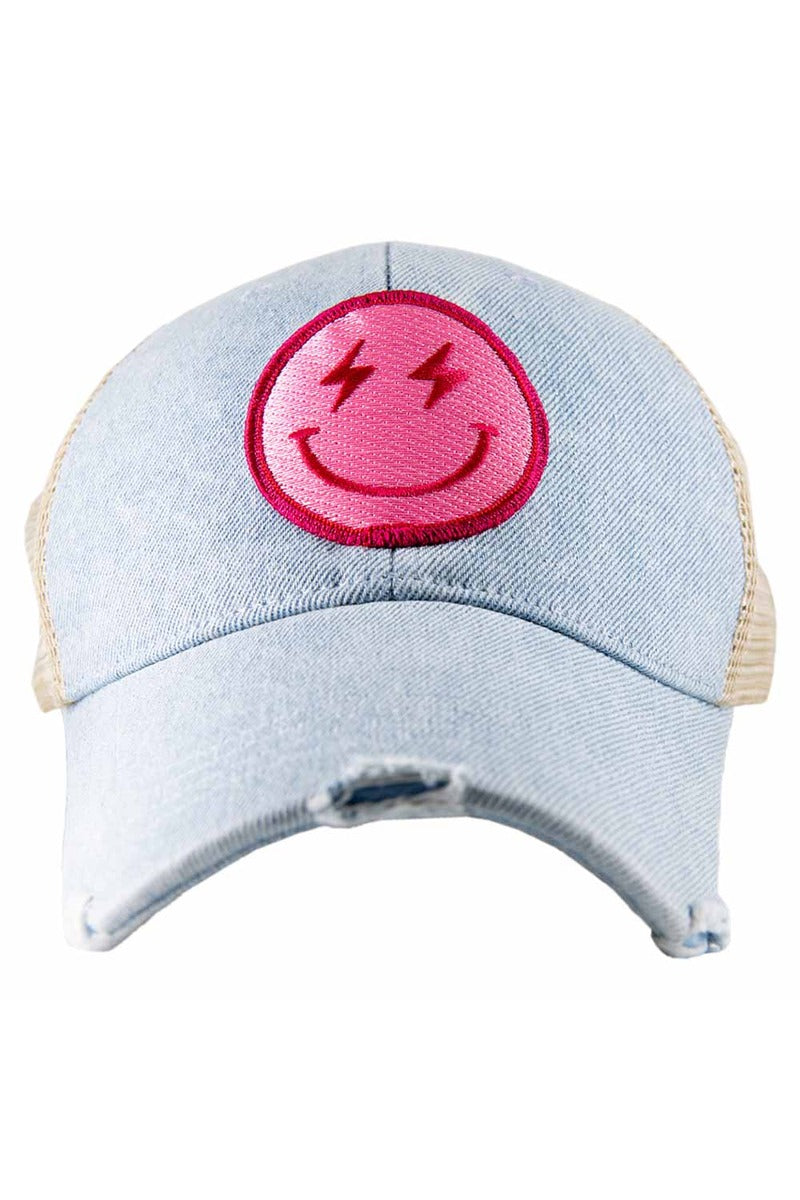 Hot Pink Lightning Happy Face Denim Wholesale Trucker Hat